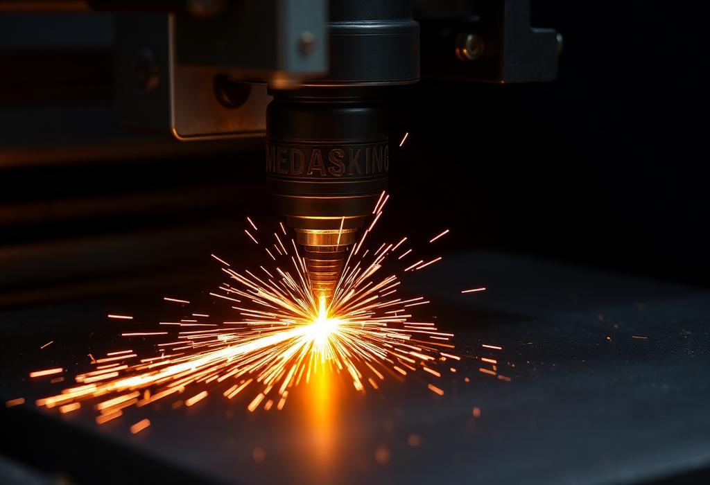 Máquina de corte a laser cortando tubo de aço com faíscas