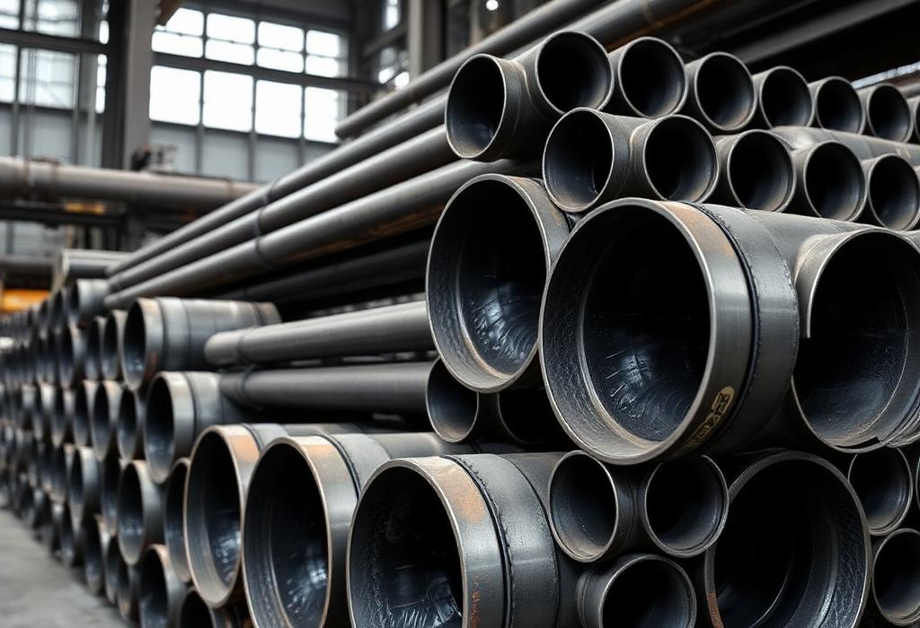 Tubos de aço industriais de grande diâmetro estocados em fábrica